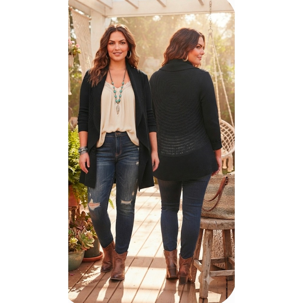 Soma Black Open Front Cardigan Draped Shawl Neck Pointelle Knit Sweater